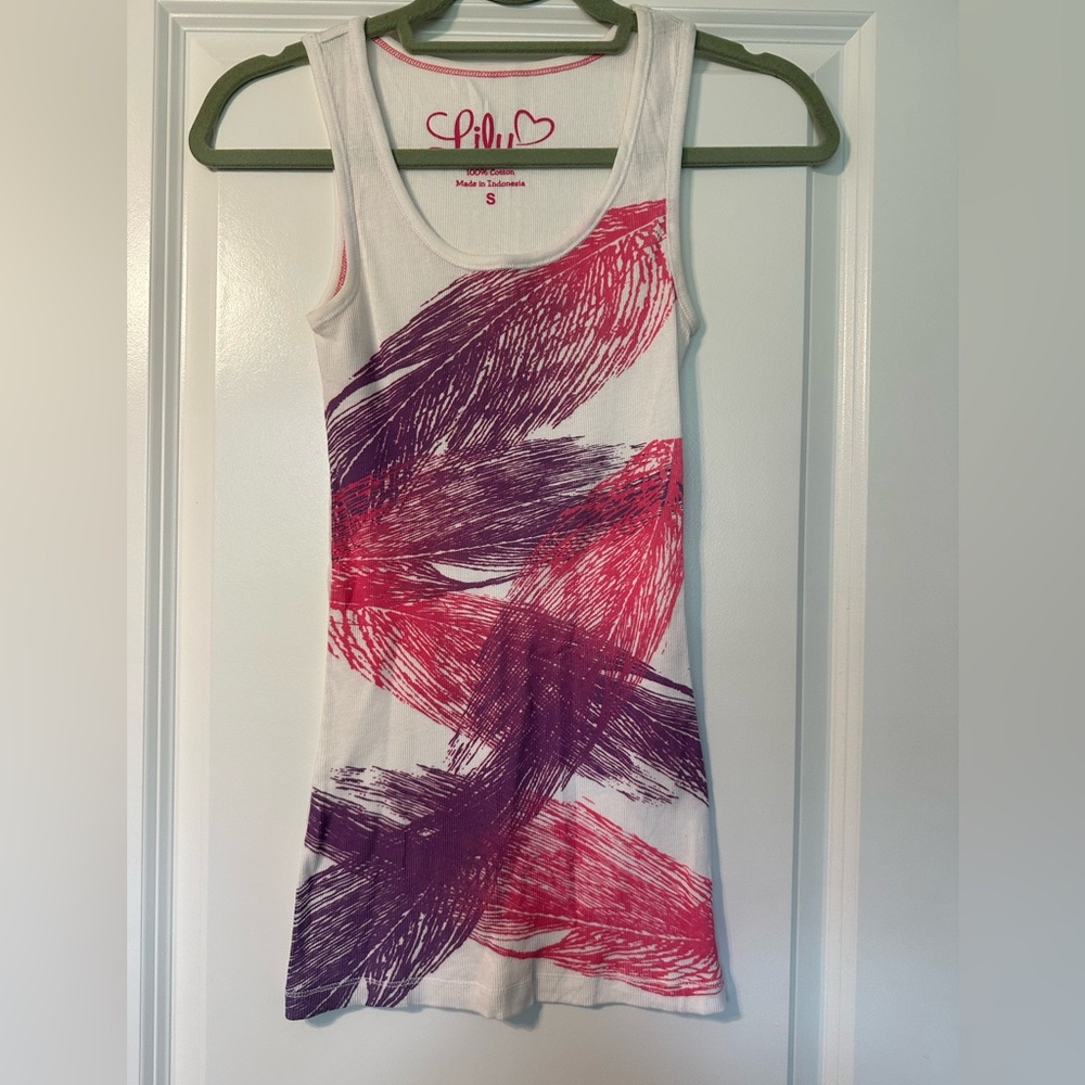 Lily Pink and Purple Feather Ribbed Tank. Size small.
